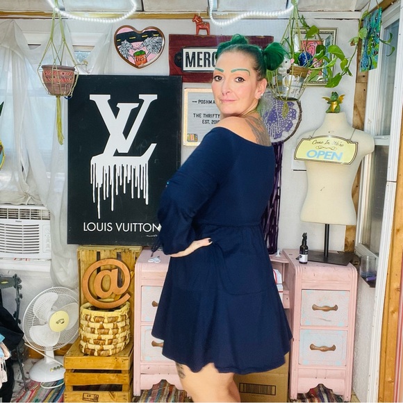 Blue Off-Shoulder Bishop Sleeve Sundress Size Large - Picture 3 of 16